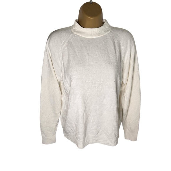 Vintage 90s Designers Originals Luxelon Mock Neck Sweater Back Zip Ribbed Bone M - Picture 1 of 4